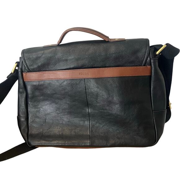NWOT Fossil Evan Black Leather Commuter Bag Satchel Messenger - Picture 2 of 6